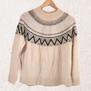 Cream and Black Crew Neck Sweater with Fair Isle Pattern